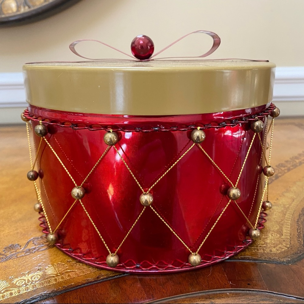 Little Drummer Boy Red with Gold Roping & Beads Metal 7" Tin Can with Lid & Bow